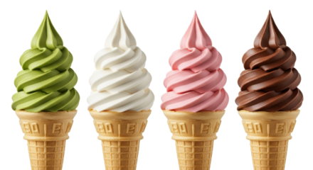 Four perfectly swirled soft-serve ice cream cones: green tea, vanilla, strawberry, chocolate, against a stark white background with copy space, soft studio lighting, concept of delightful indulgence