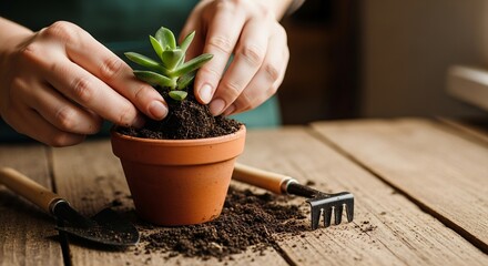 Hands planting a small green plant in a pot with gardening tools on a wooden table. Concept of growth, care, and eco-friendly home gardening.