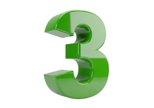 Vibrant green 3D figure '3', reflective, glossy, modern, sharp-edged, on white background with studio lighting, copy space concept of numbering.