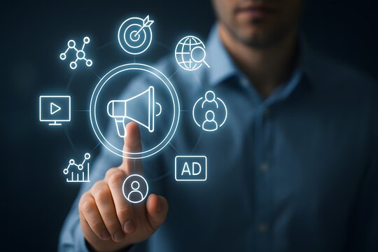 Digital marketing strategy with advertising audience and analytics icons