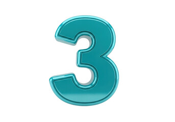 Shiny teal number three isolated on transparent background
