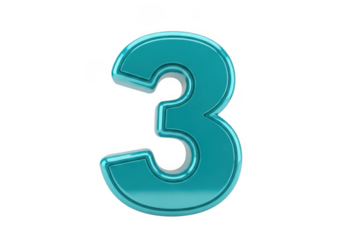 Shiny teal number three isolated on transparent background