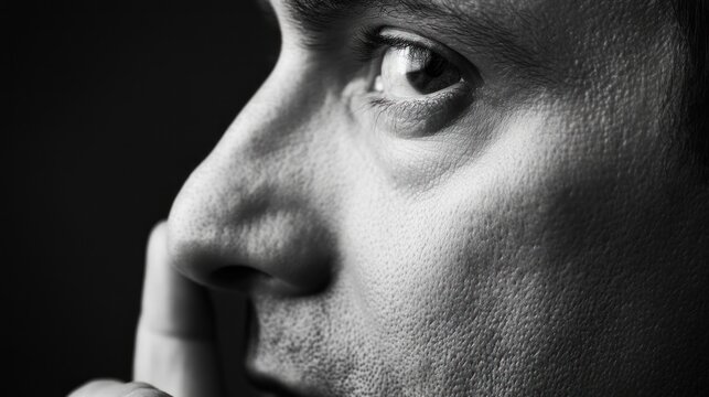 Man, pensive, closeup, finger, lips, secret, dark background, portrait, mystery, stock photo