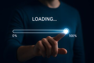 Loading progress bar reaching one hundred percent with glowing finger