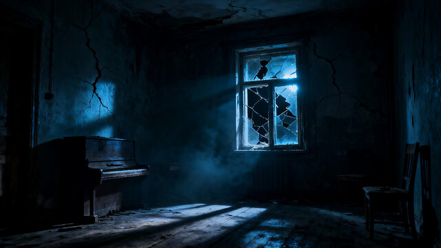 Dark horror room blue lighting