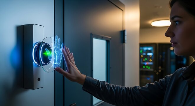 A professional woman uses a futuristic biometric palm scanner for secure door access in a high-tech facility.