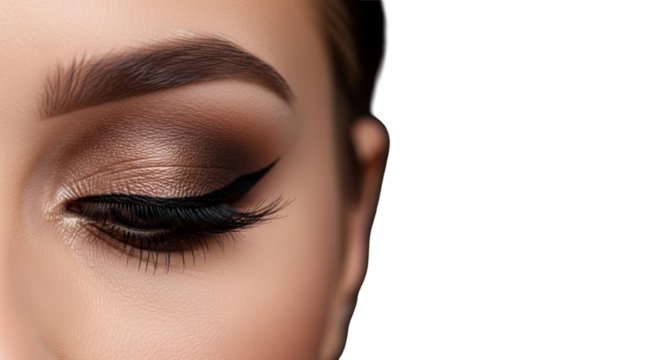 Young woman's closed right eye, bronze eyeshadow, black winged eyeliner, artificial eyelashes, flawless skin, deep black background, copy space, studio light, Concept of cosmetic beauty.