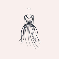 Elegant sketch of a woman in a flowing ball gown with spaghetti straps and a cinched waist.