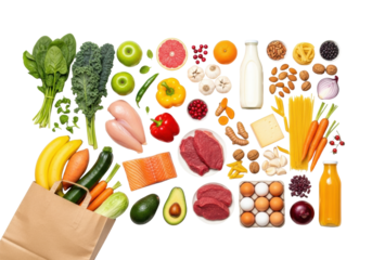 Vibrant flat lay of diverse fresh raw groceries (produce, meats, dairy, staples) spilling from paper bag on transparent background with soft studio light, concept of healthy nutrition