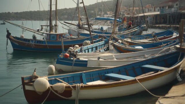 A close-up view of a coastal fishing village with colorful traditional boats neatly arranged and floating in the calm harbor water.