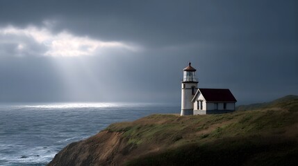 A solitary lighthouse stands on a windswept cliff bathed in dramatic shafts of sunlight breaking through stormy clouds