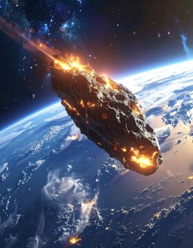 A fiery asteroid streaks across the canvas of space, hurtling towards a vibrant blue planet with swirling cloud cover