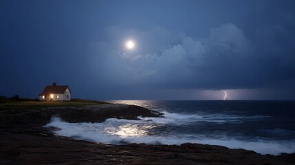 Illuminated lighthouse on a rocky coast during a dramatic night storm with lightning and moonlight