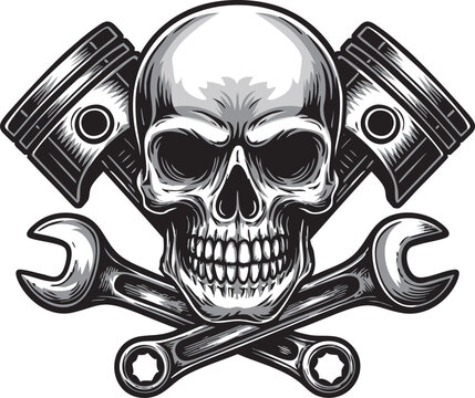 Skull with crossed pistons and wrenches &mdash; bold mechanical symbol, raw attitude, garage rebellion and hardcore machine culture.