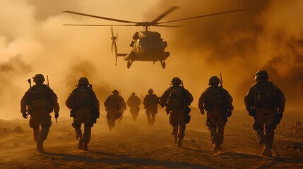Obraz premium Soldiers approach a helicopter as dust swirls in the air during a military operation in a desert environment