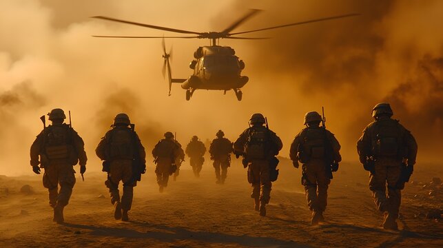 Soldiers approach a helicopter as dust swirls in the air during a military operation in a desert environment