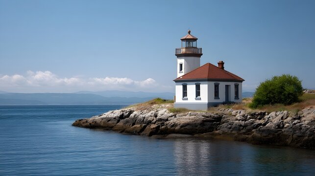 A white lighthouse with a red roof stands on a rocky coastline beside a calm blue sea under a clear sky