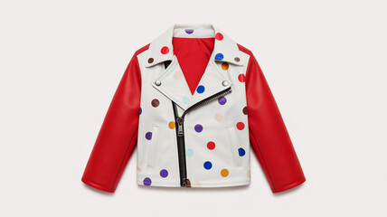 Stylish white biker jacket with colorful polka dots and red sleeves