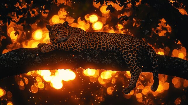 Leopard resting on a tree branch with bright bokeh lights