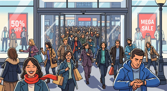 Happy crowd of diverse shoppers rushing from a mall entrance during a seasonal mega sale event