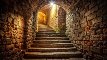 Obraz premium Ancient stone steps descending into darkness within a fortified old wall , stone wall, fortification, stone wall, fortification