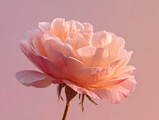 Soft focus single peach rose, petals glistening with gentle morning dew.