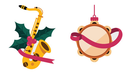 Festive Music: A visual celebration of music, featuring a saxophone adorned with holiday elements and a tambourine, symbolizing harmony and joyful sounds.