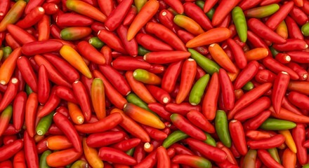 Vibrant Pile of Fresh Red, Orange, and Green Chili Peppers