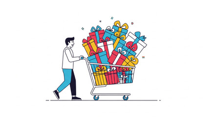 Man pushing a shopping cart overflowing with colorful wrapped gifts and presents, ideal for holiday shopping or sale promotions