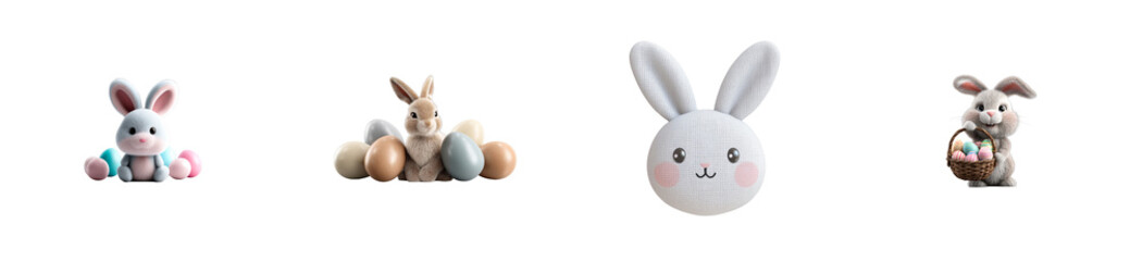 Fototapeta premium Four bunny characters with Easter eggs on black background