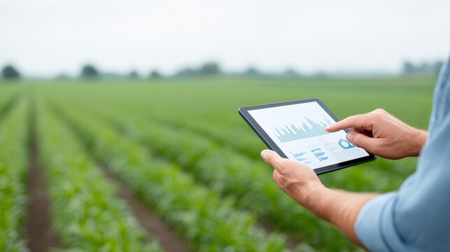 Male farmer using tablet device to analyze agricultural data in lush green field, showcasing modern technology integration in farming practices and crop management