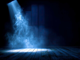 Atmospheric blue spotlight illuminates smoke and dark textured floor.