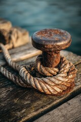 Fototapeta premium Close-up of a rusty cleat on an old wooden dock with a thick rope and river in the background