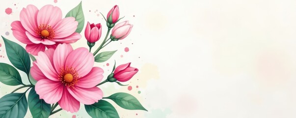 Naklejka premium Abstract pink & green watercolor floral splatter, soft blooms , hand-painted, design