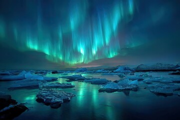 Naklejka premium Aurora borealis over icebergs