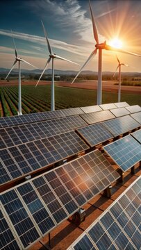 Modern smart grid infrastructure with solar panels and wind turbines