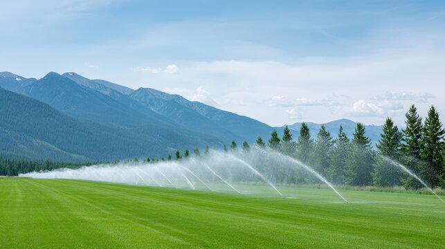 Lush green field with irrigation system spraying water, surrounded by majestic mountains and a clear blue sky, showcasing agricultural practices and natural beauty