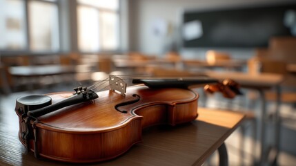 Fototapeta premium A violin rests on a wooden desk, poised for practice, in a blurred classroom setting