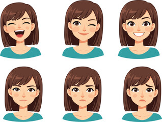 Cartoon woman facial expressions, emotional character illustration, happy, sad, angry, cute girl avatar, emoji style, vector art
