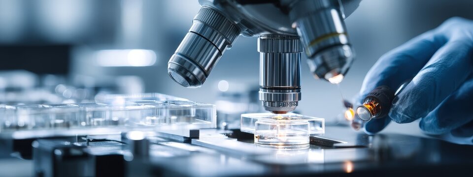 Advanced Nanotechnology Lab: Microscope analyzing a sample in a petri dish with red light illumination