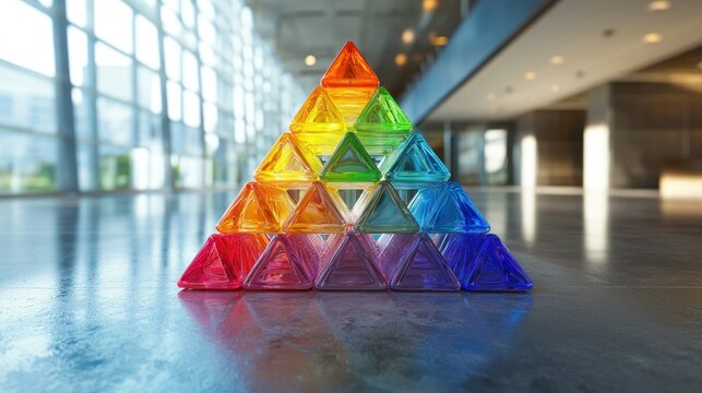 Rainbow pyramid of transparent tiles in modern hall