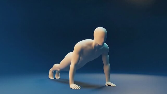 3D faceless man doing a standard push-up in blue studio
