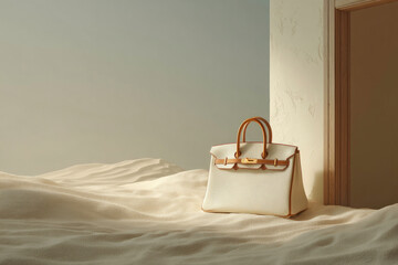 Elegant white leather handbag, desert landscape, modern luxury fashion accessory.