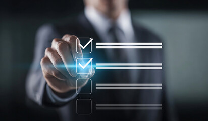 Checklist Completion: Man marking boxes on a virtual checklist background