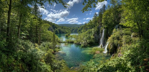 Lush forest surrounds a tranquil lake with cascading waterfalls