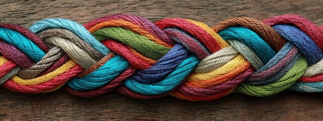 Intricate braid of colorful yarn strands, close-up on a wooden background.