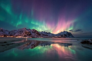 Naklejka premium Northern Lights over a snowy beach