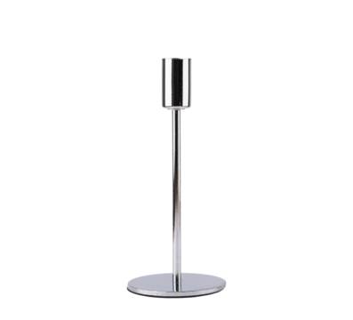 PNG with transparent background of silver metal candle holder, modern and elegant design. Concept of minimalist home accessories and interior sophistication