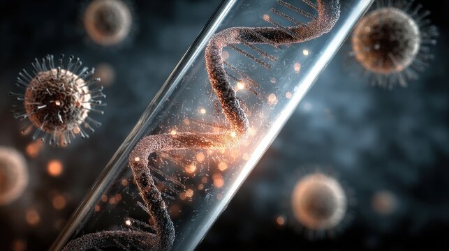 Viral particles next to a DNA helix in a test tube, concept of genetic modification or vaccine.