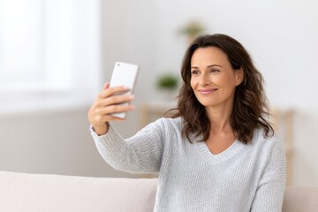 Fototapeta premium Smiling woman with long brown hair is taking a selfie with a smartphone while sitting on a cozy couch in a bright, modern living room with soft furnishings and natural light